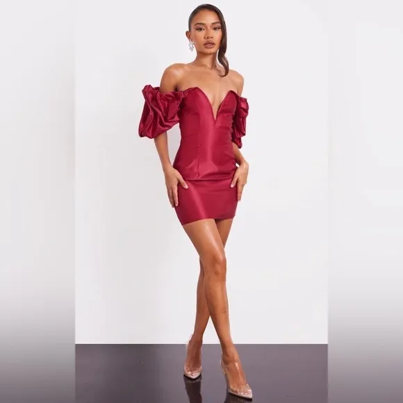 Nwt Pretty Little Thing Satin Ruffle Low Cut Mini Dress Burgundy Size 8