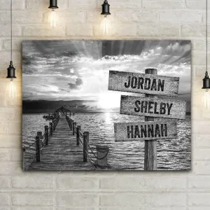 Ocean Sunset Personalized Canvas Black & White Print - Dock   Sign