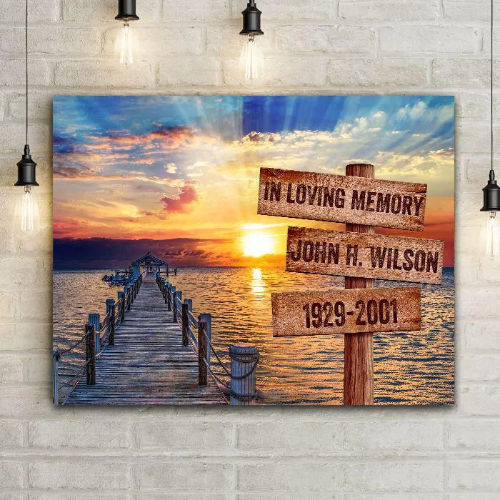 Ocean Sunset Personalized Canvas Black & White Print - Dock   Sign