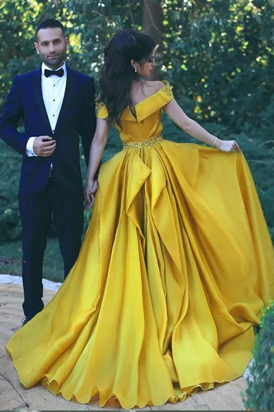 Off the Shoulder New Fashion Formal Yellow Prom Dress,Sexy Summer Evening Gowns OK738