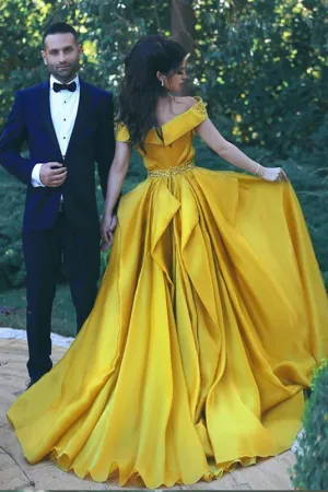 Off the Shoulder New Fashion Formal Yellow Prom Dress,Sexy Summer Evening Gowns OK738
