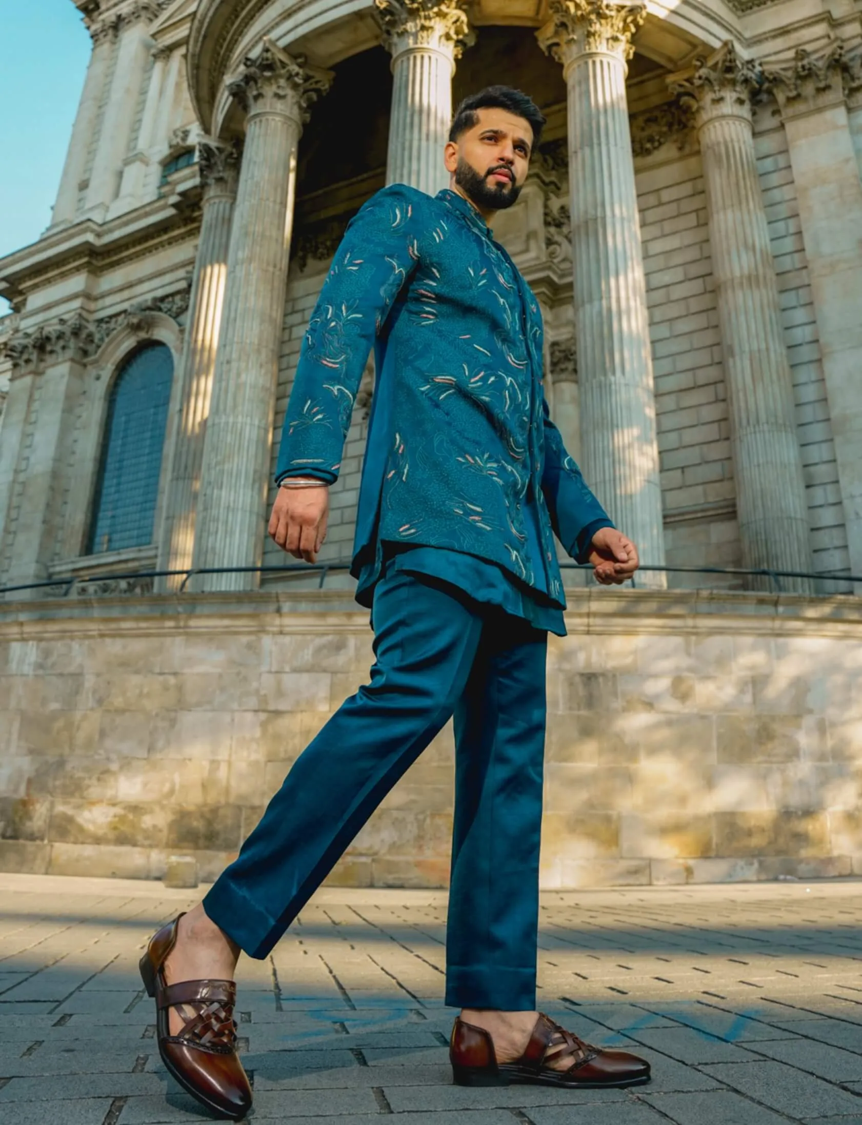 Oxford teal blue bandhgala set