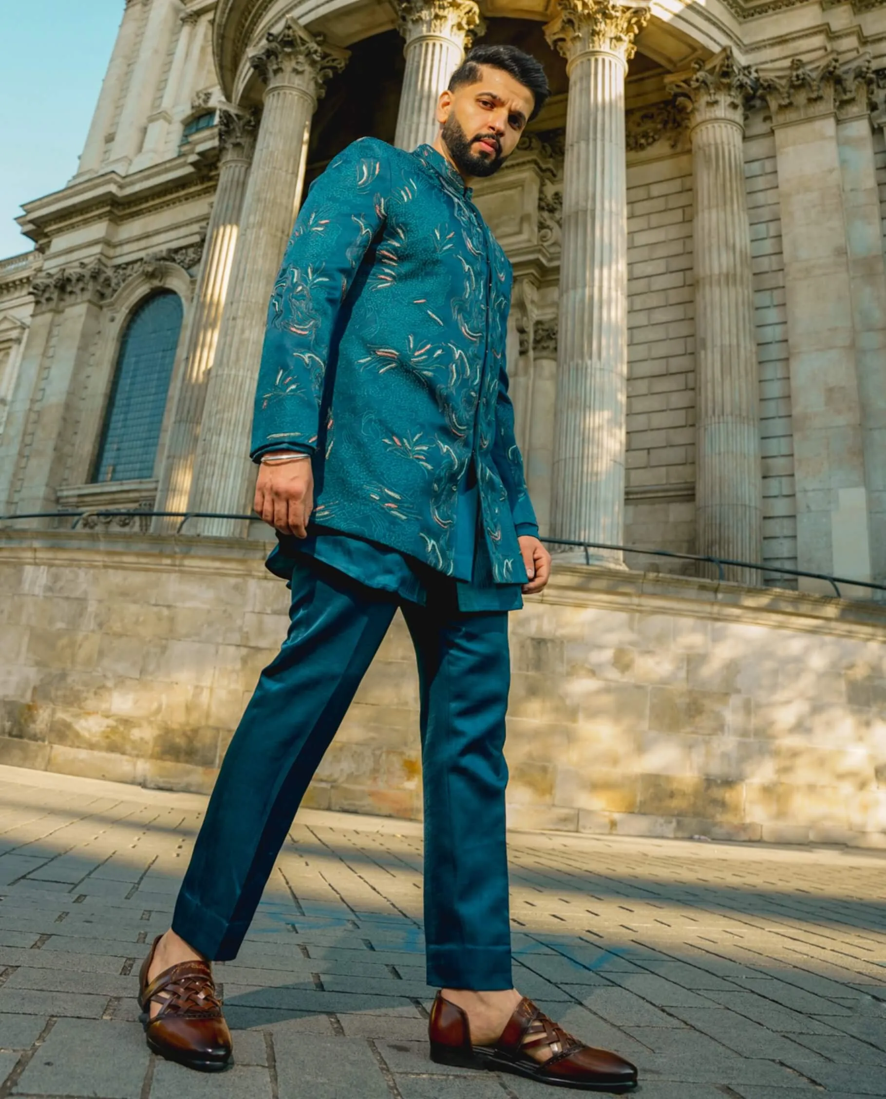 Oxford teal blue bandhgala set