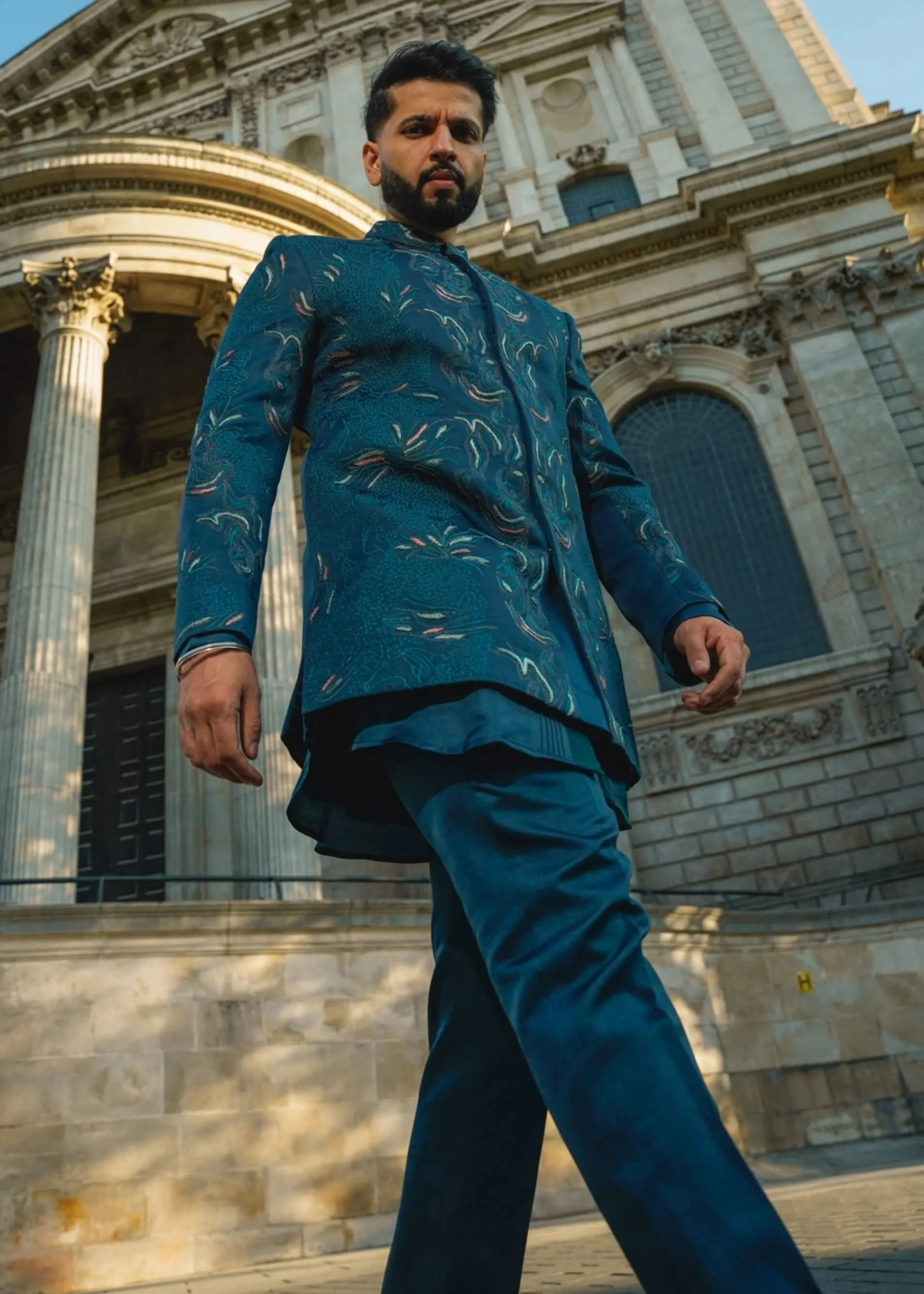 Oxford teal blue bandhgala set