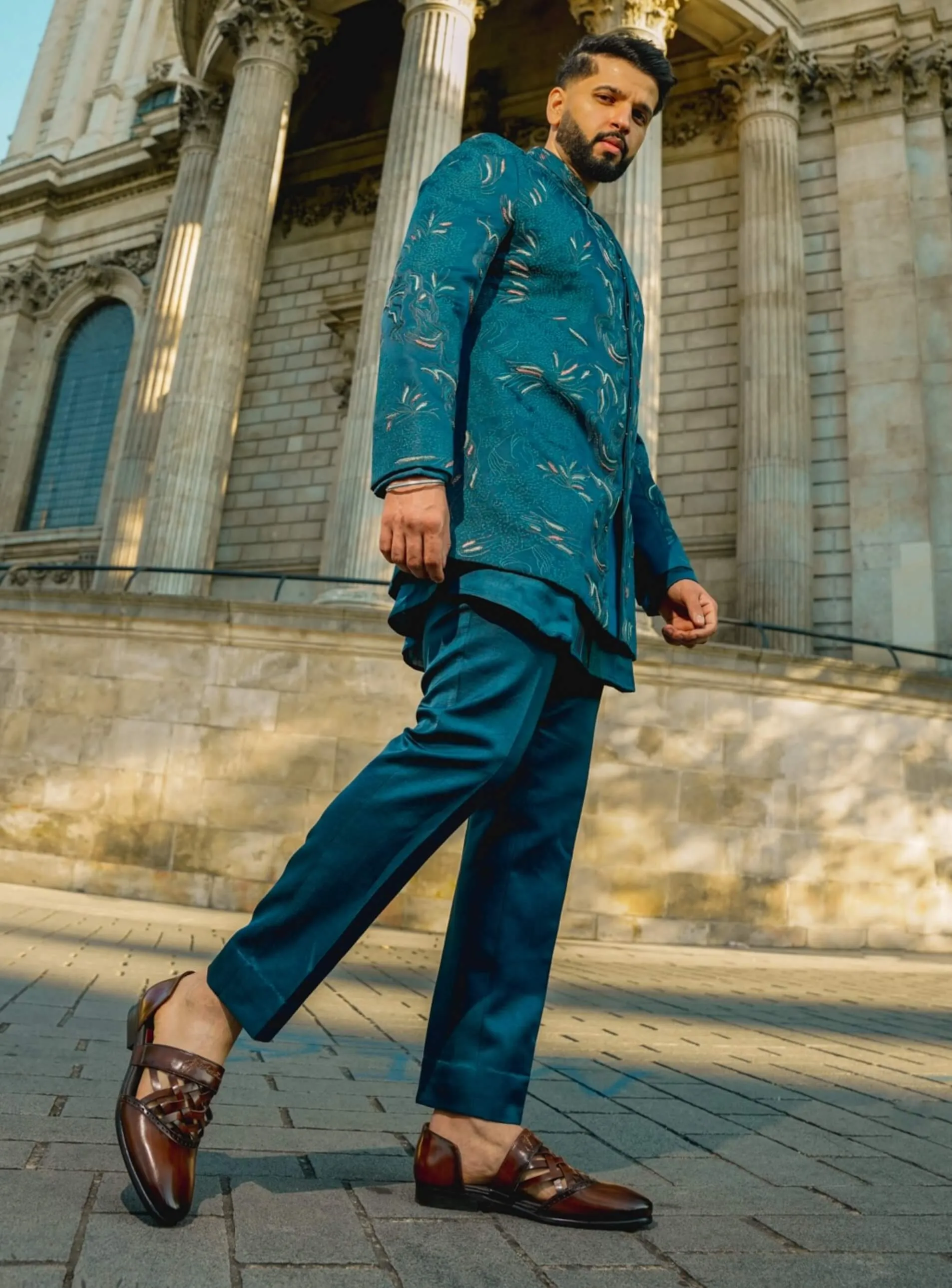 Oxford teal blue bandhgala set