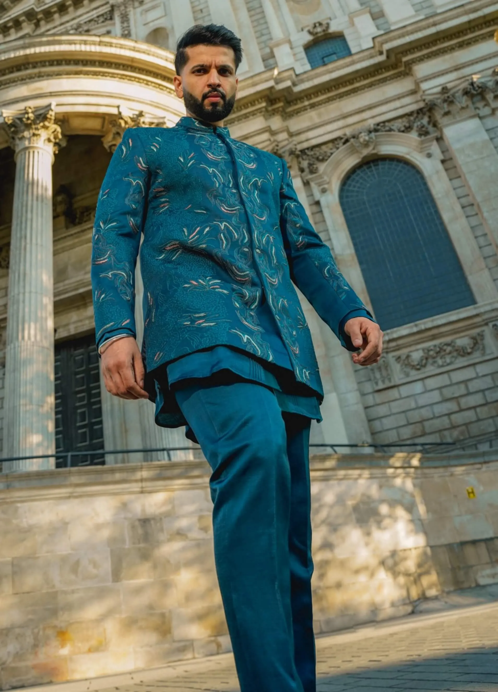 Oxford teal blue bandhgala set