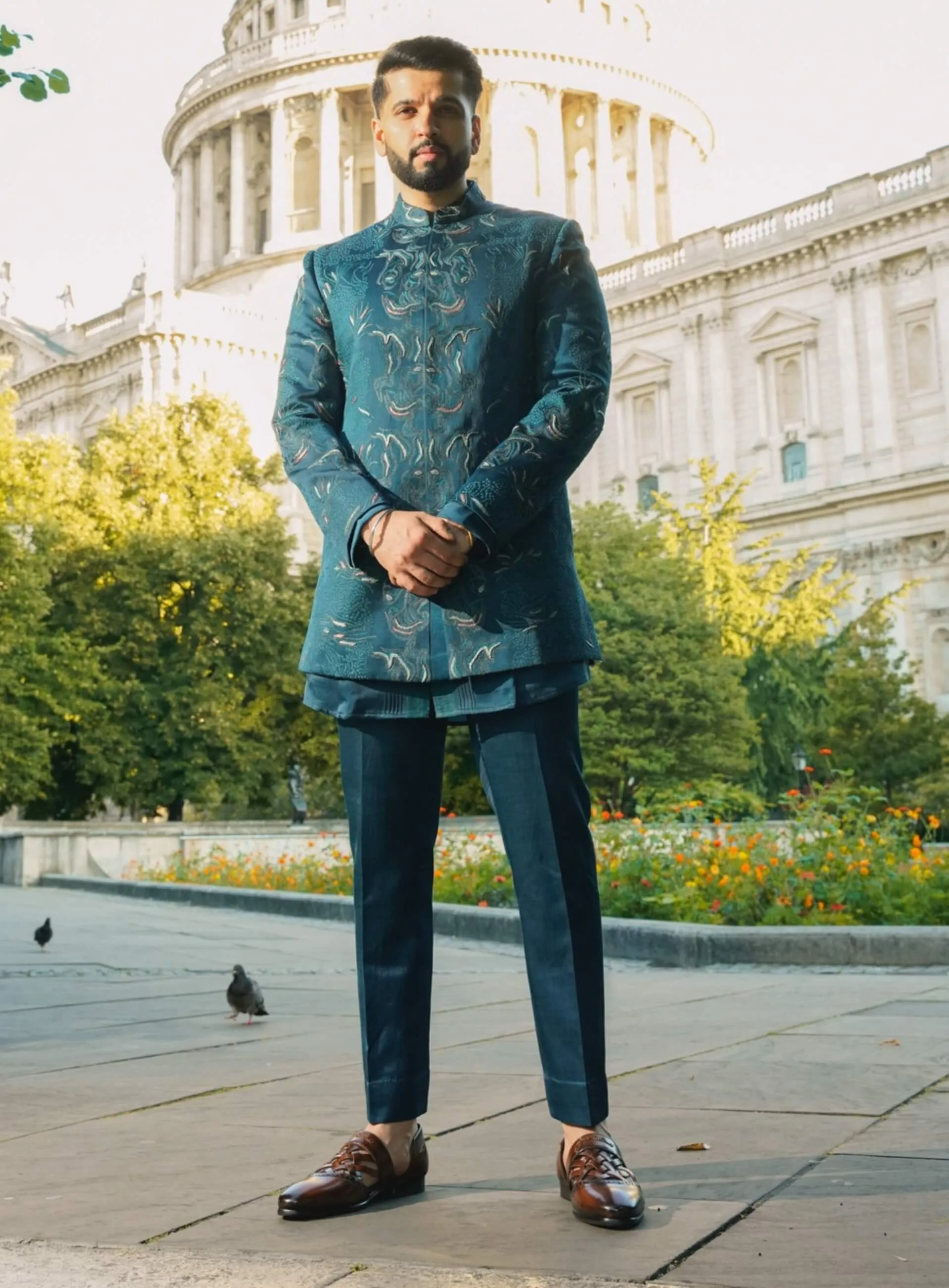 Oxford teal blue bandhgala set
