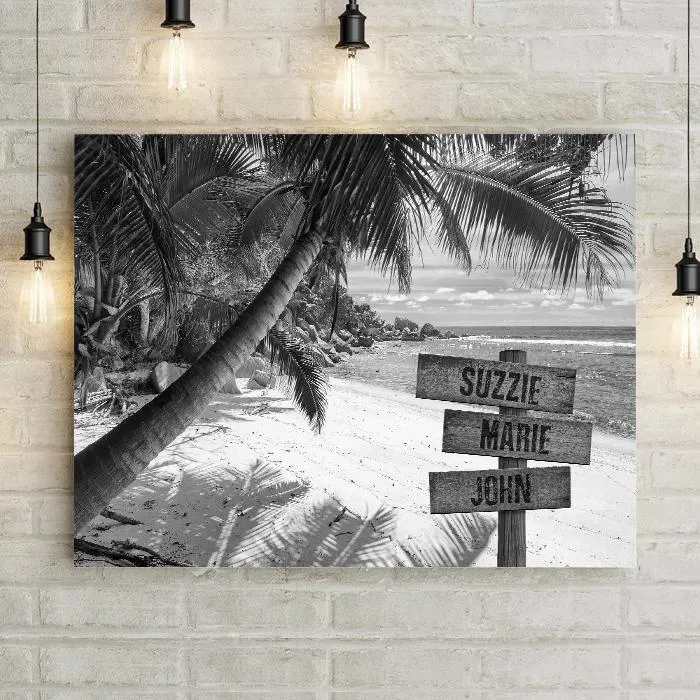 Palm Tree Beach B&W Personalized Premium Canvas
