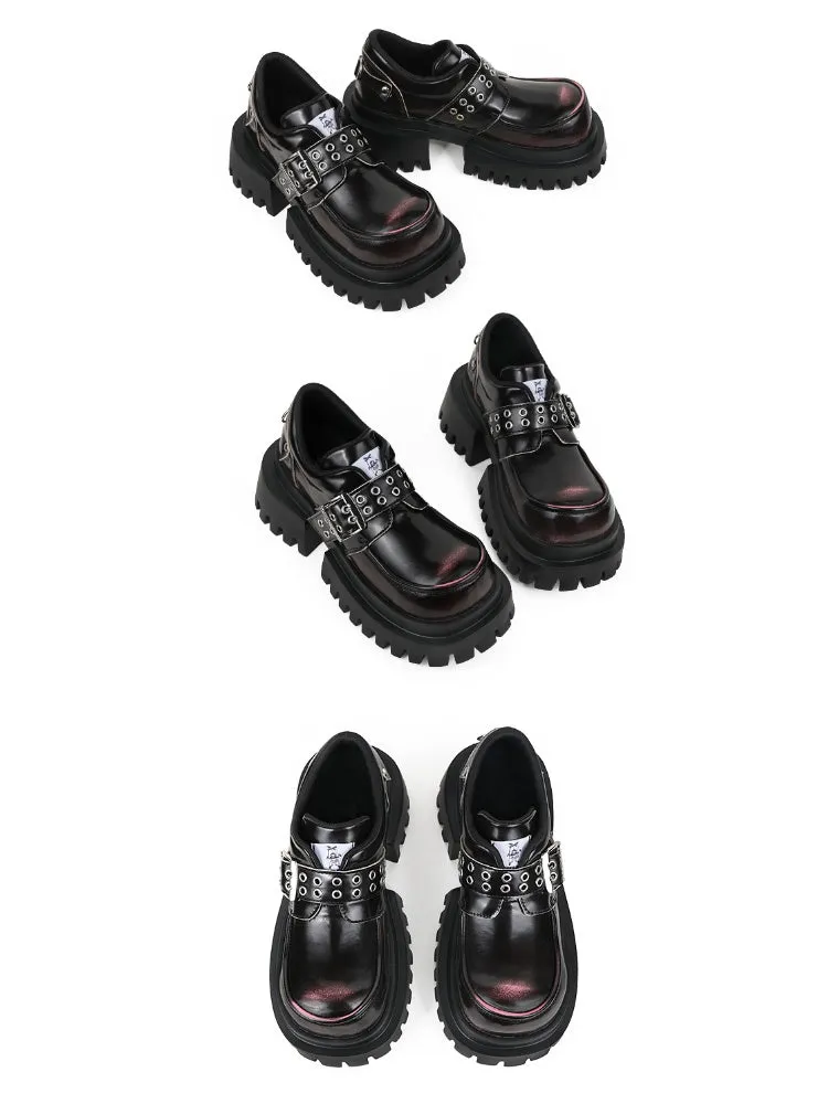 Patent Leather Look Chunky Platform Metal Buckle Eyelet Belt Loafers【s0000011892】