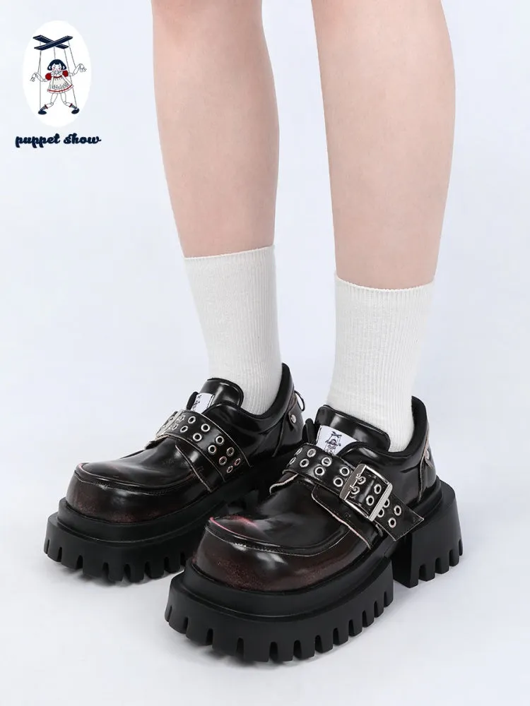 Patent Leather Look Chunky Platform Metal Buckle Eyelet Belt Loafers【s0000011892】