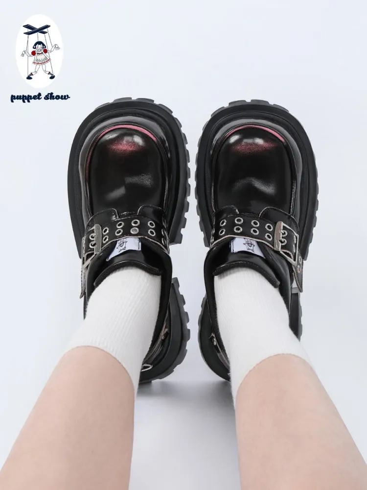 Patent Leather Look Chunky Platform Metal Buckle Eyelet Belt Loafers【s0000011892】