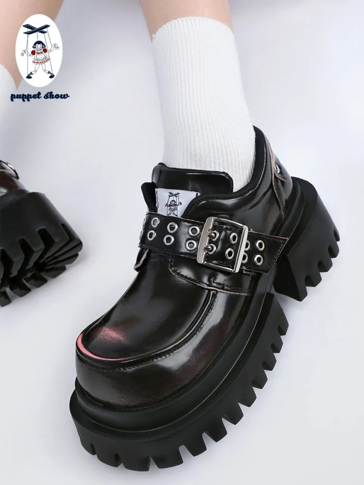 Patent Leather Look Chunky Platform Metal Buckle Eyelet Belt Loafers【s0000011892】