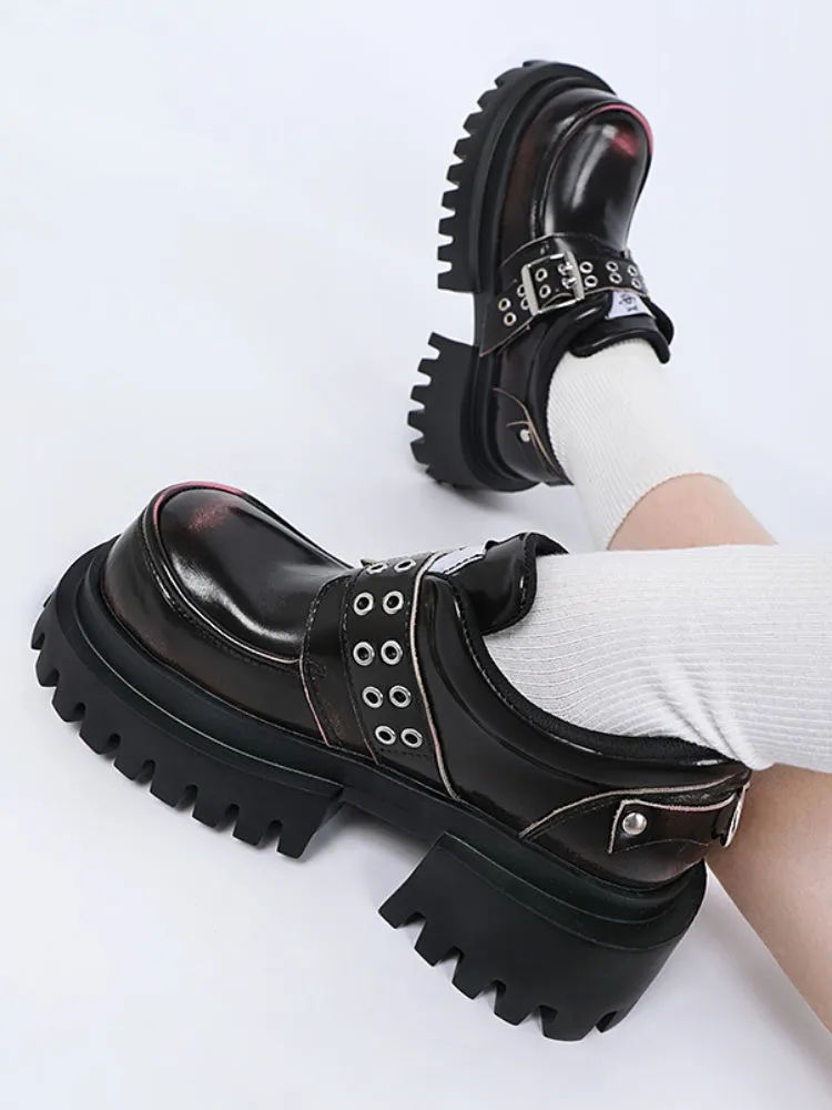 Patent Leather Look Chunky Platform Metal Buckle Eyelet Belt Loafers【s0000011892】