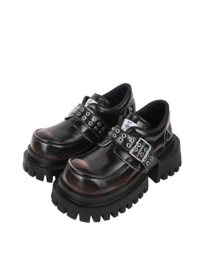 Patent Leather Look Chunky Platform Metal Buckle Eyelet Belt Loafers【s0000011892】