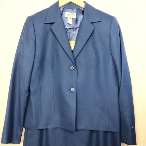 Pendleton Vintage 2 Piece Blue Wool Skirt Suit Women's Size Petite 10
