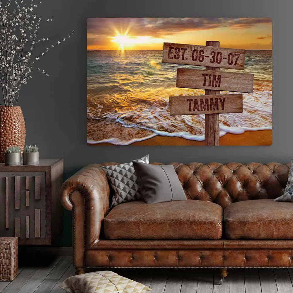 Personalized Beach Sunset Canvas Wall Art with Wooden Custom Name Street Sign