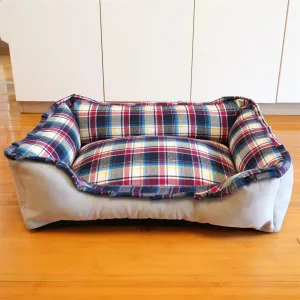Personalized Navy Velvet Dog Bed, Classic Plaid Checked Dog Bed, Premium Dog Bed, Plush Fleece Base