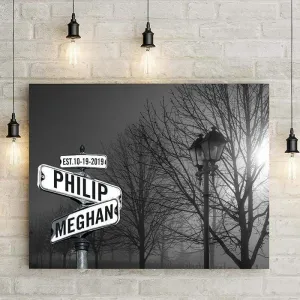 Personalized Street Sign Canvas with Names - Foggy Park Black & White Premium Wall Art