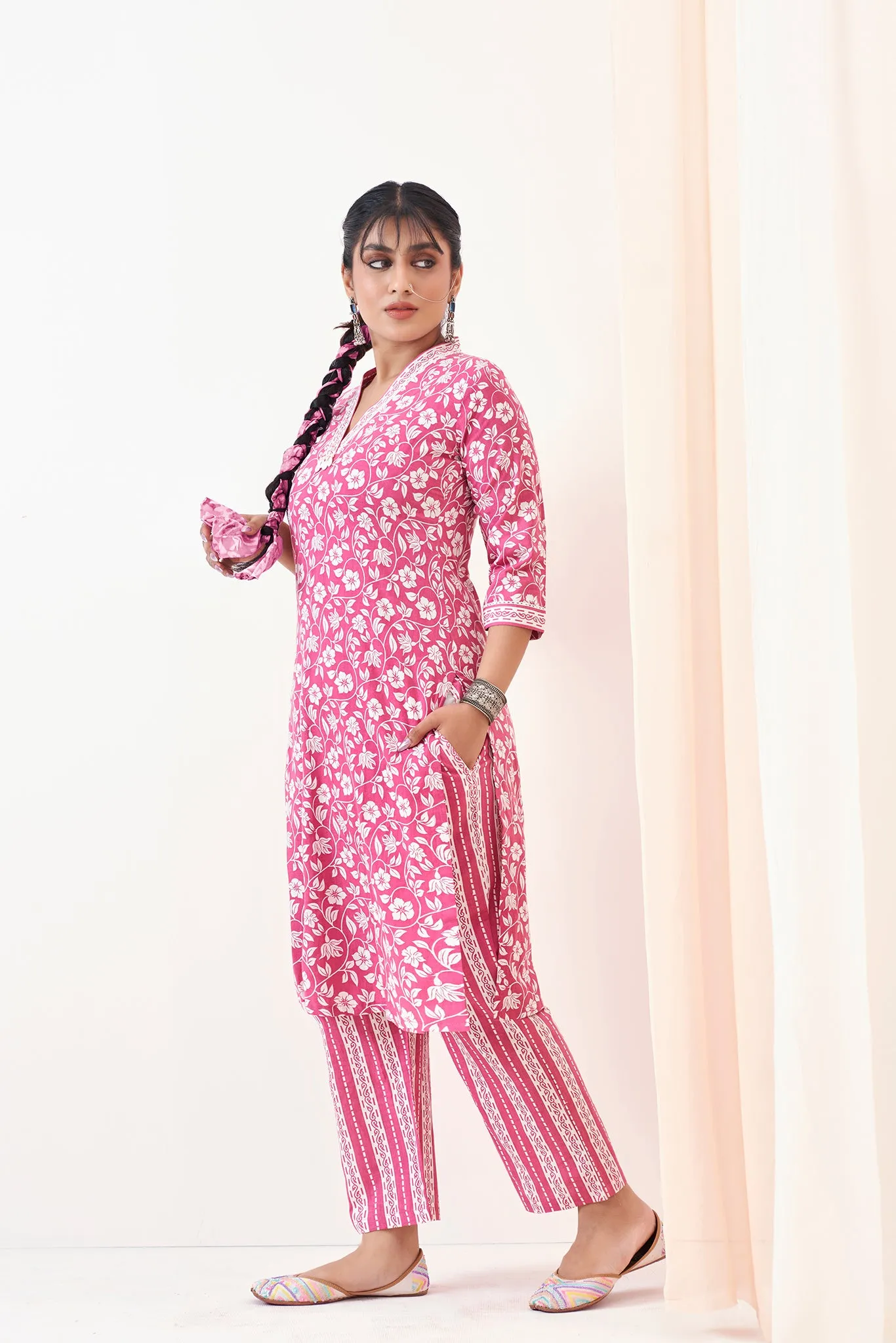 Pink Overall Printed Suit Set With mall Cotton Dupatta