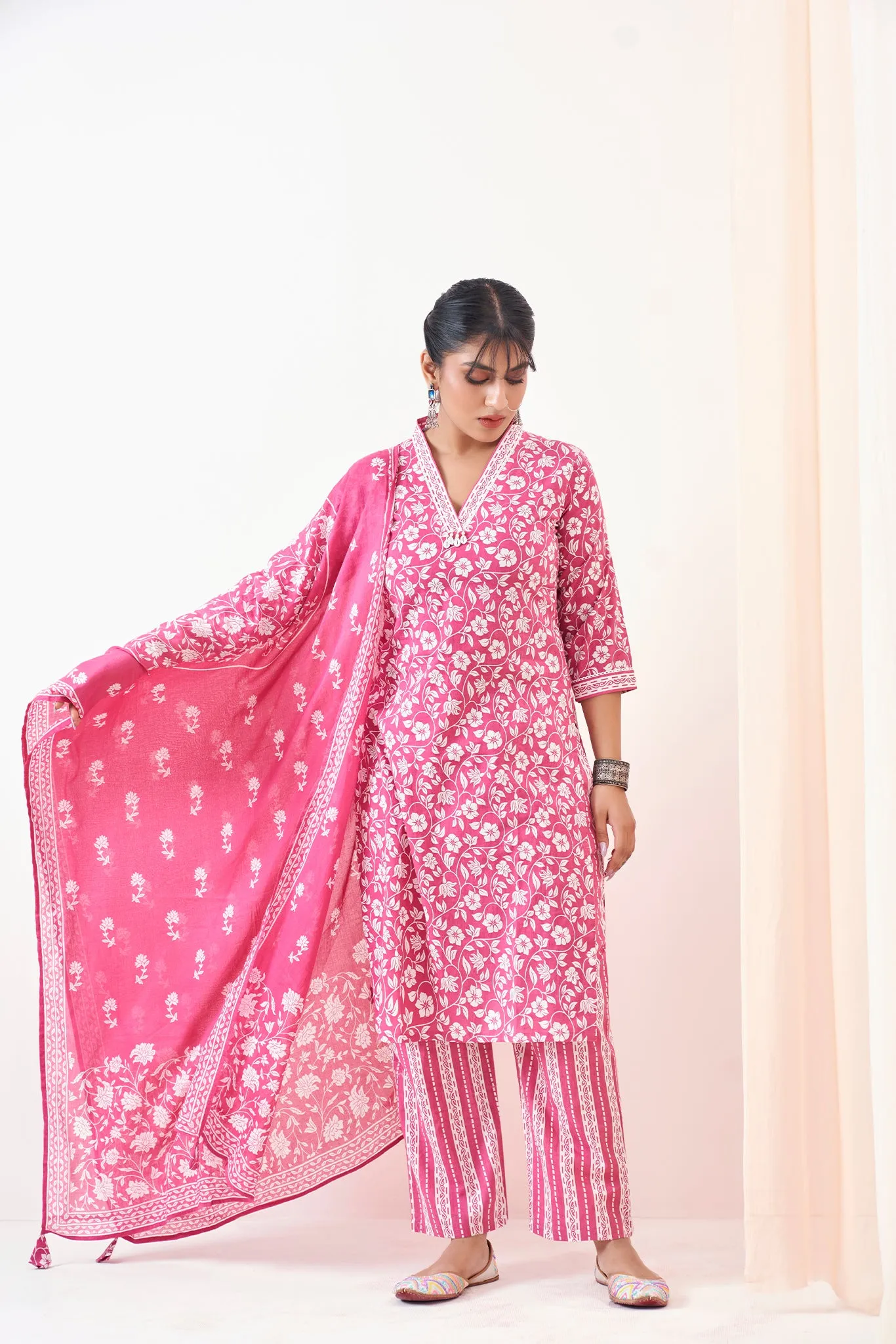 Pink Overall Printed Suit Set With mall Cotton Dupatta