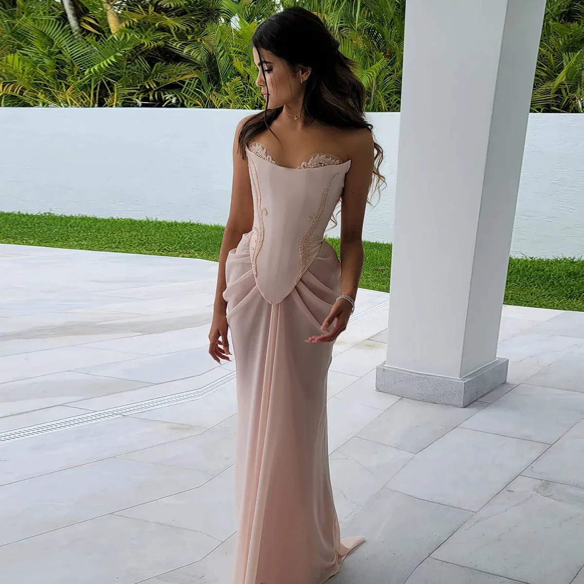 Pink vintage elegant beaded chiffon evening dress    fg7371