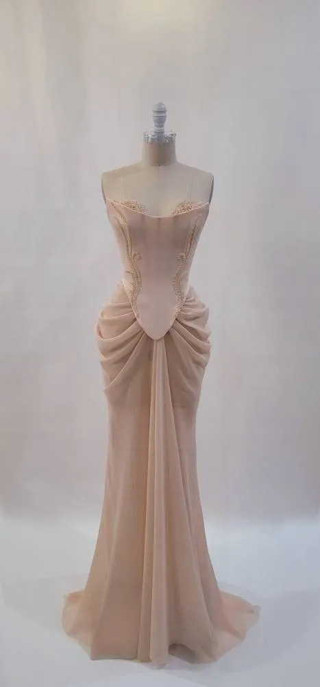 Pink vintage elegant beaded chiffon evening dress    fg7371