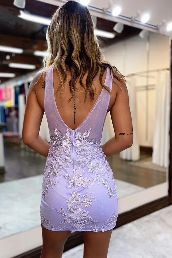 Plunging V-Neck Lavender Straps Appliques Illusion Homecoming Dress HD0185