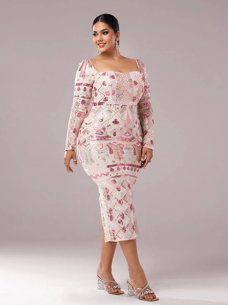 Plus Square Neck Sequin Split Midi Dress PRM20830