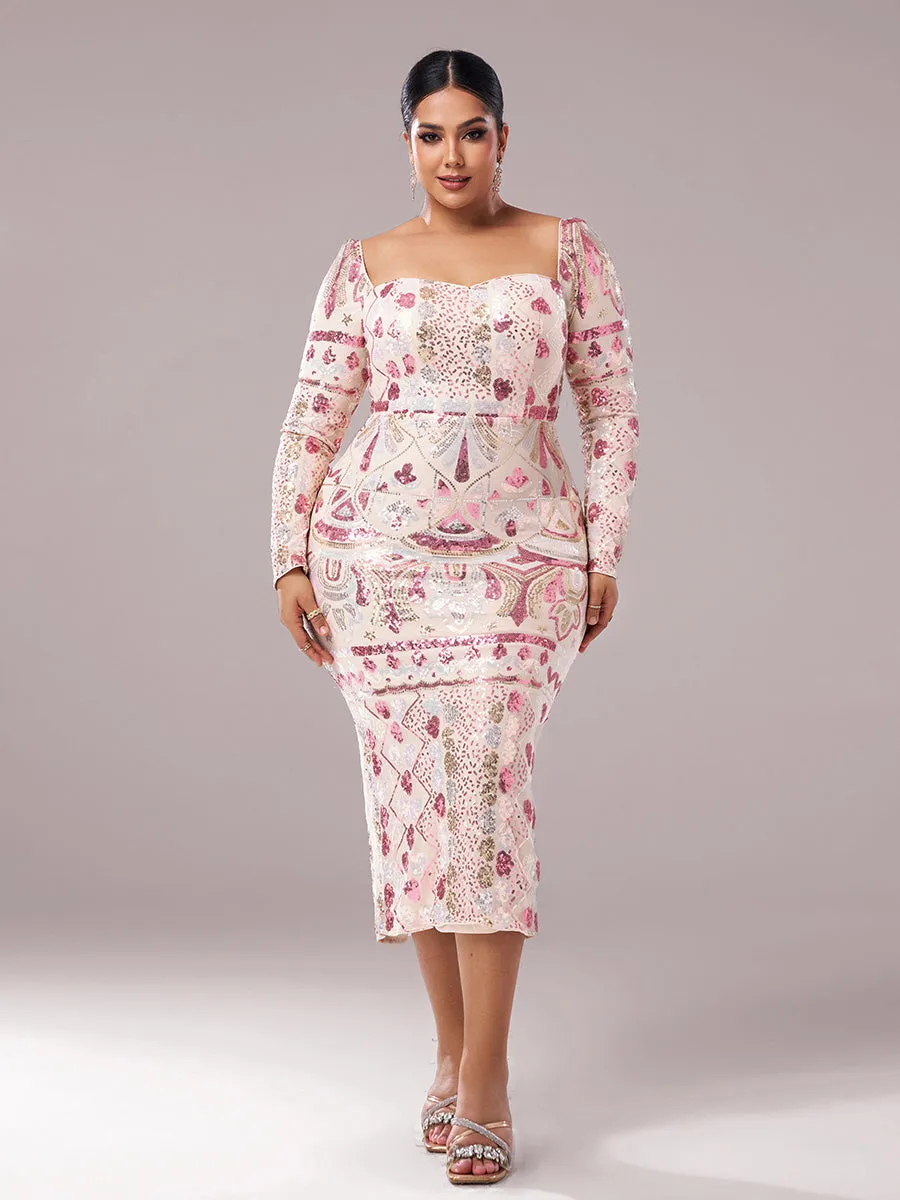 Plus Square Neck Sequin Split Midi Dress PRM20830