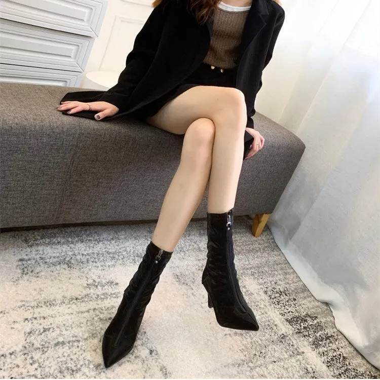 Pointed Toe Leather Ankle Boots Women
