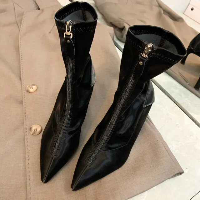 Pointed Toe Leather Ankle Boots Women