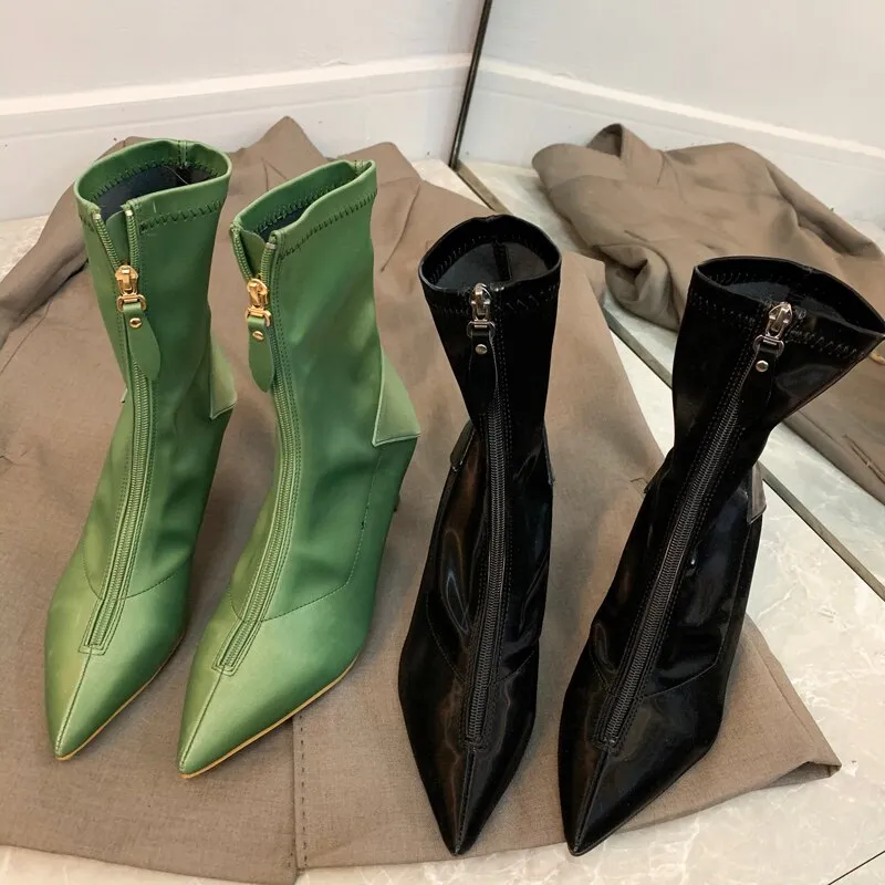 Pointed Toe Leather Ankle Boots Women