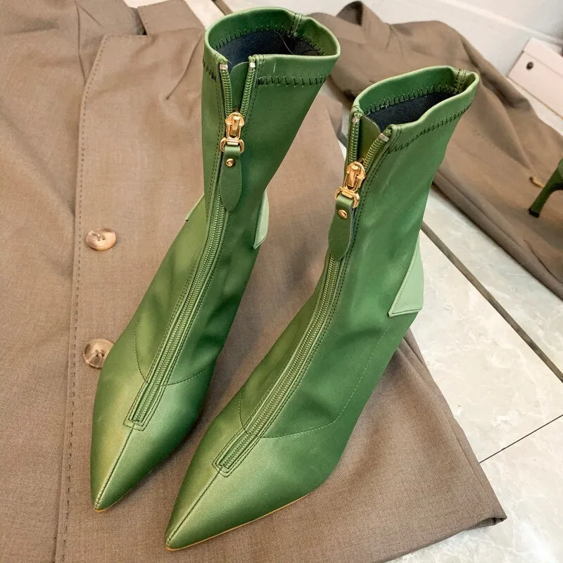 Pointed Toe Leather Ankle Boots Women