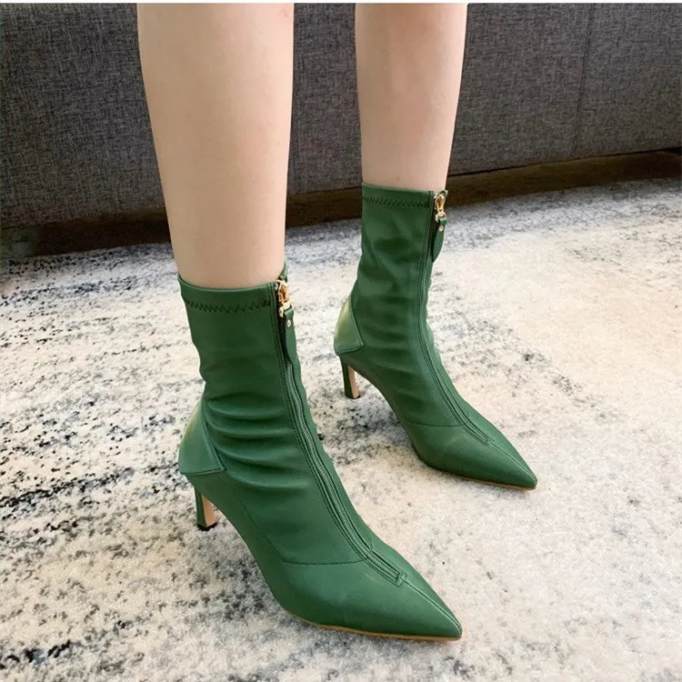 Pointed Toe Leather Ankle Boots Women