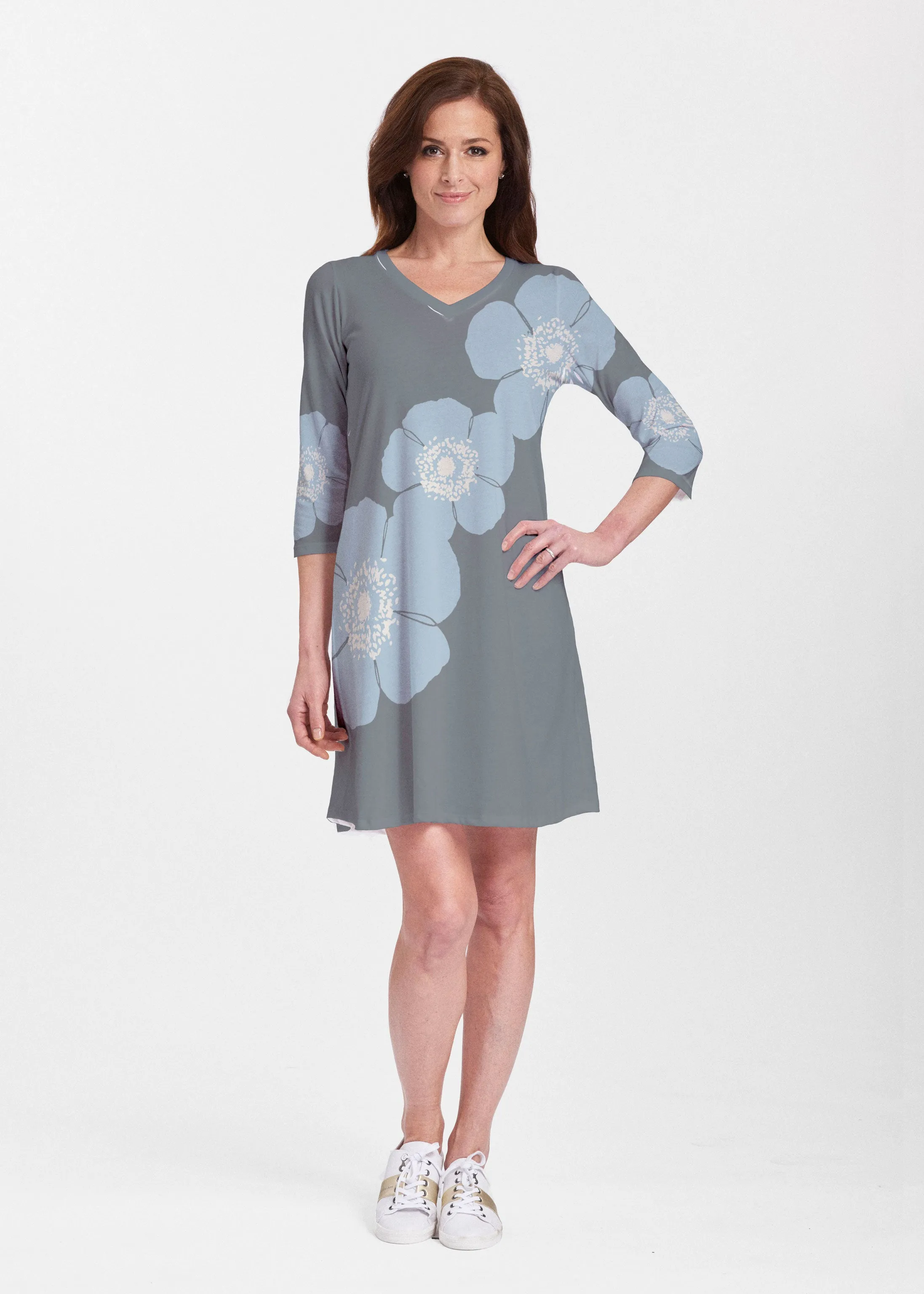 Poppy SteelBlue-Grey (7066) ~ Classic V-neck Swing Dress