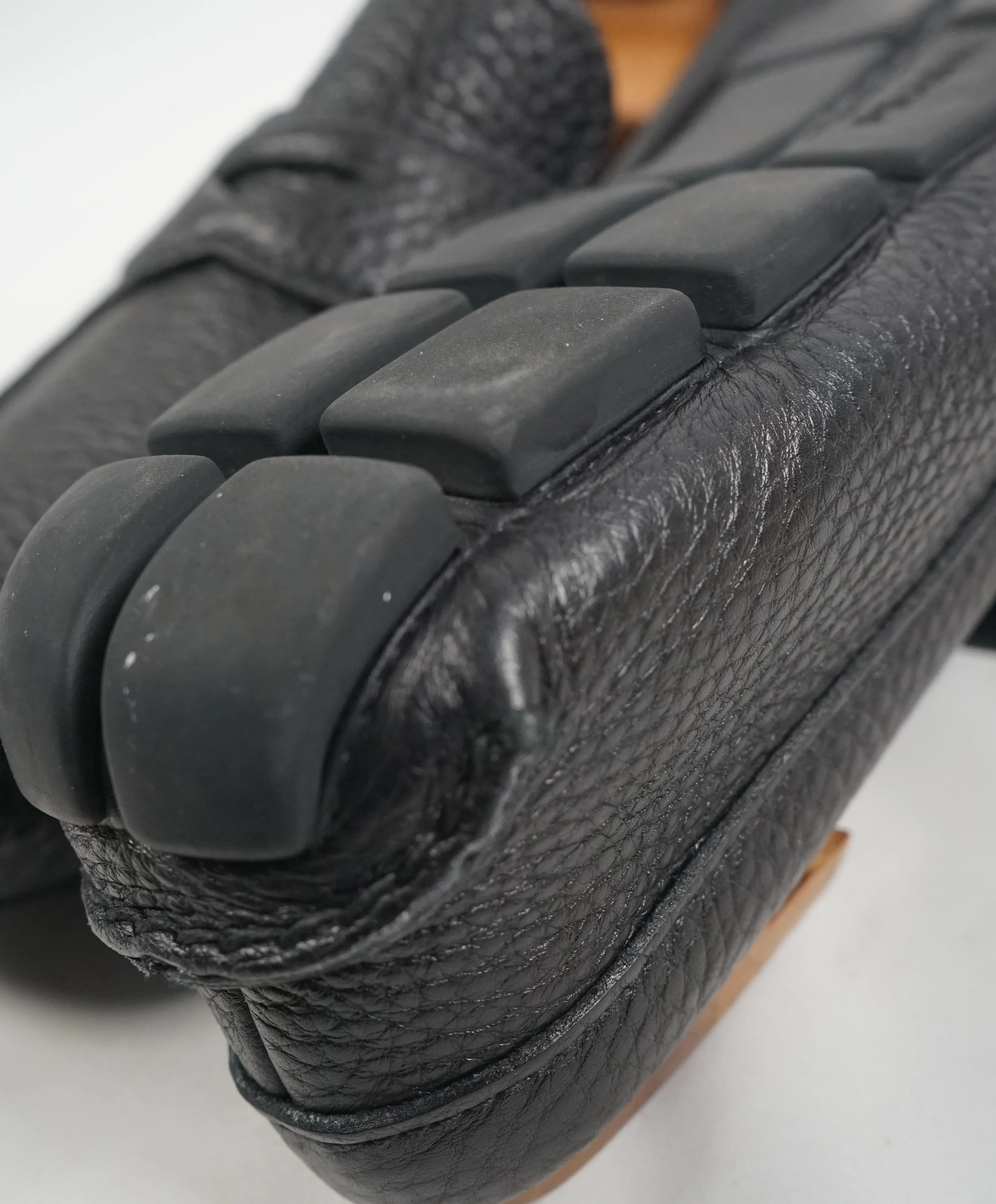 PRADA - Black Pebbled Leather Penny Loafers W Silver Logo - 11