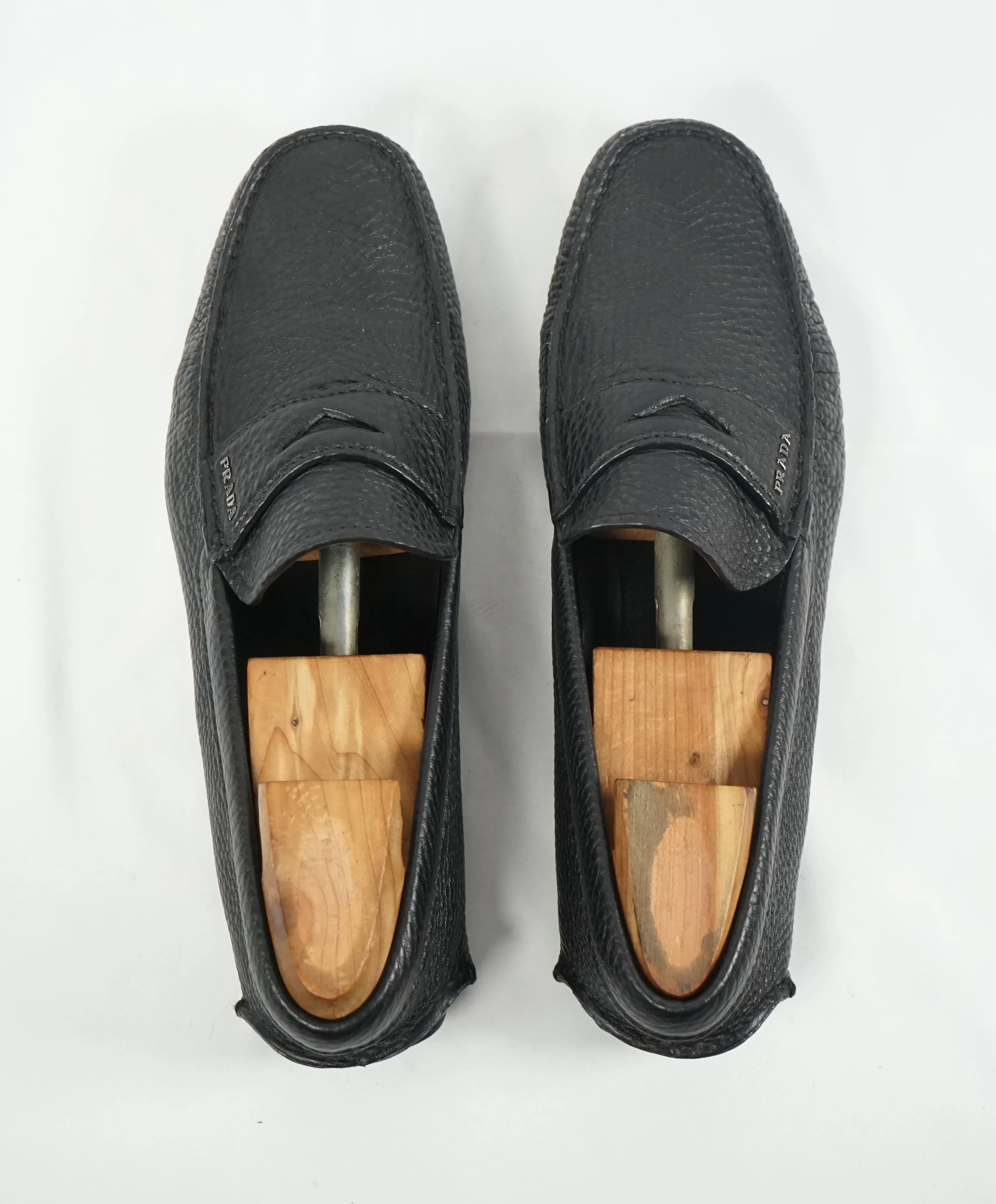 PRADA - Black Pebbled Leather Penny Loafers W Silver Logo - 11
