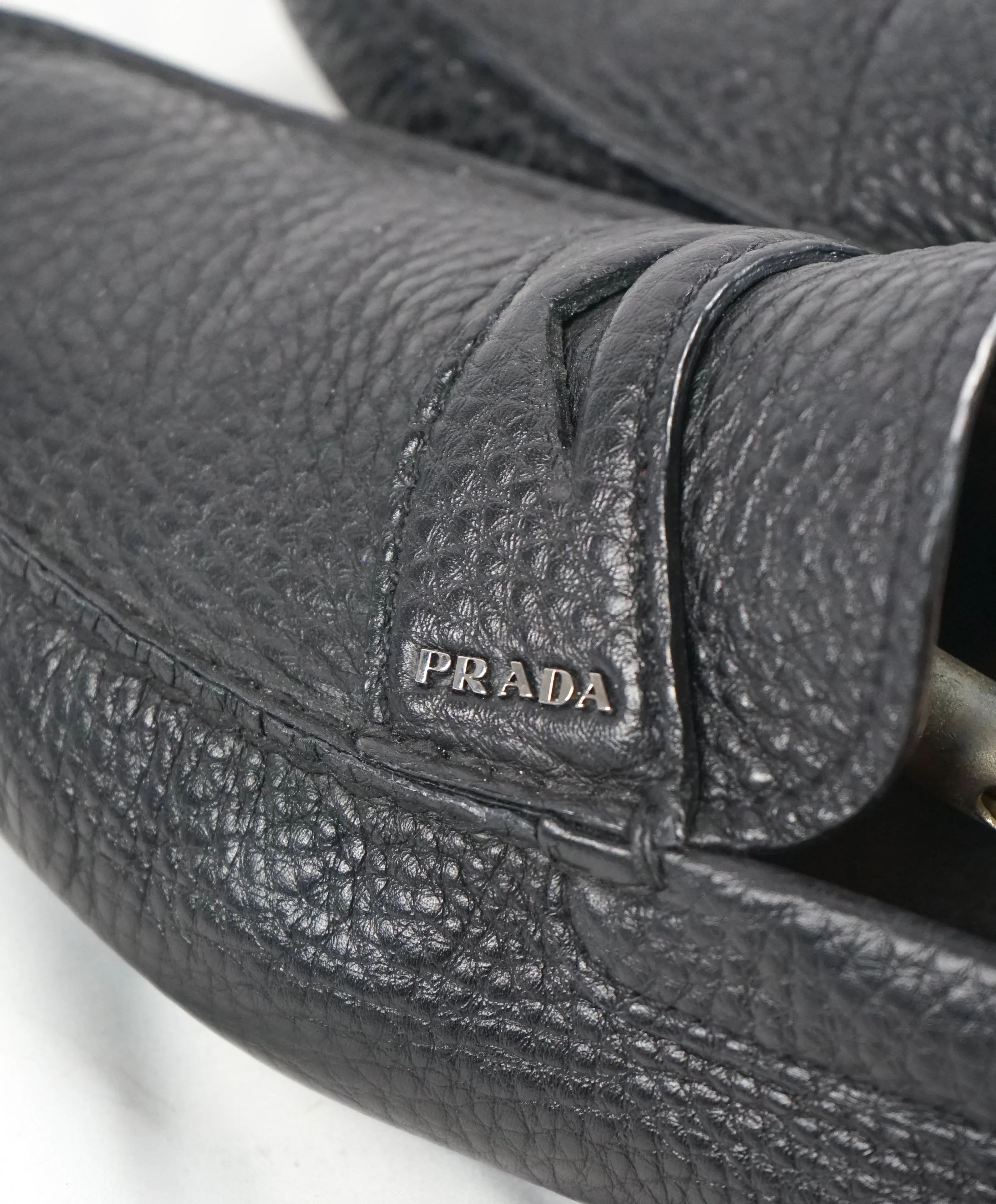 PRADA - Black Pebbled Leather Penny Loafers W Silver Logo - 11