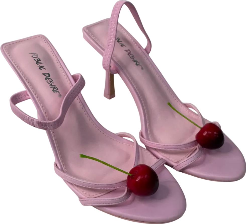Public Desire Cherish Pink Square Toe Cherry Detail Sling Back Heels UK 5 EU 38 👠