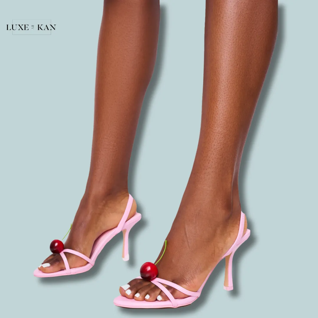 PUBLIC DESIRE CHERISH PINK SQUARE TOE CHERRY DETAIL SLING BACK HEELS