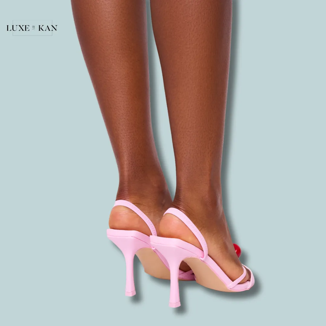 PUBLIC DESIRE CHERISH PINK SQUARE TOE CHERRY DETAIL SLING BACK HEELS