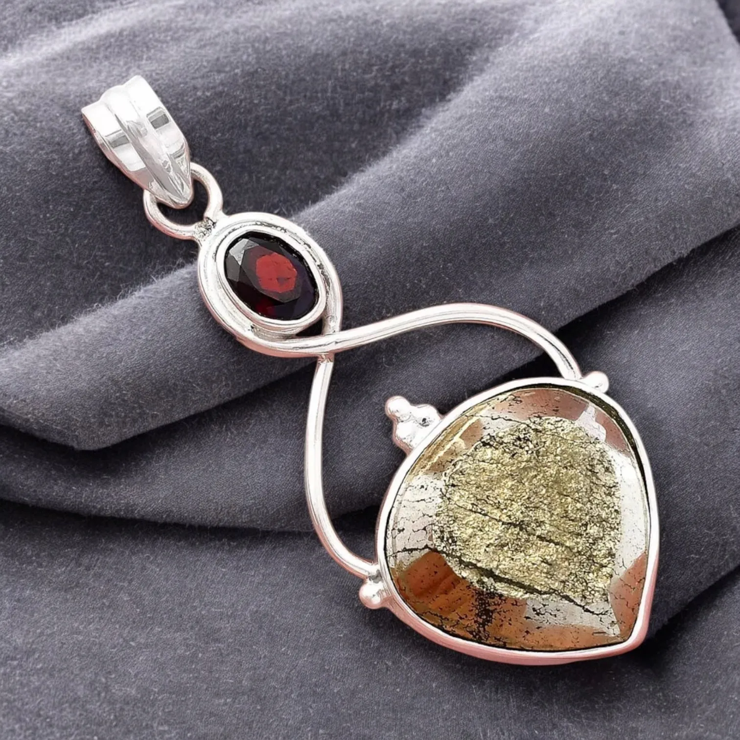 Pyrite Druzy & Garnet Solid 925 Sterling Silver Pendant