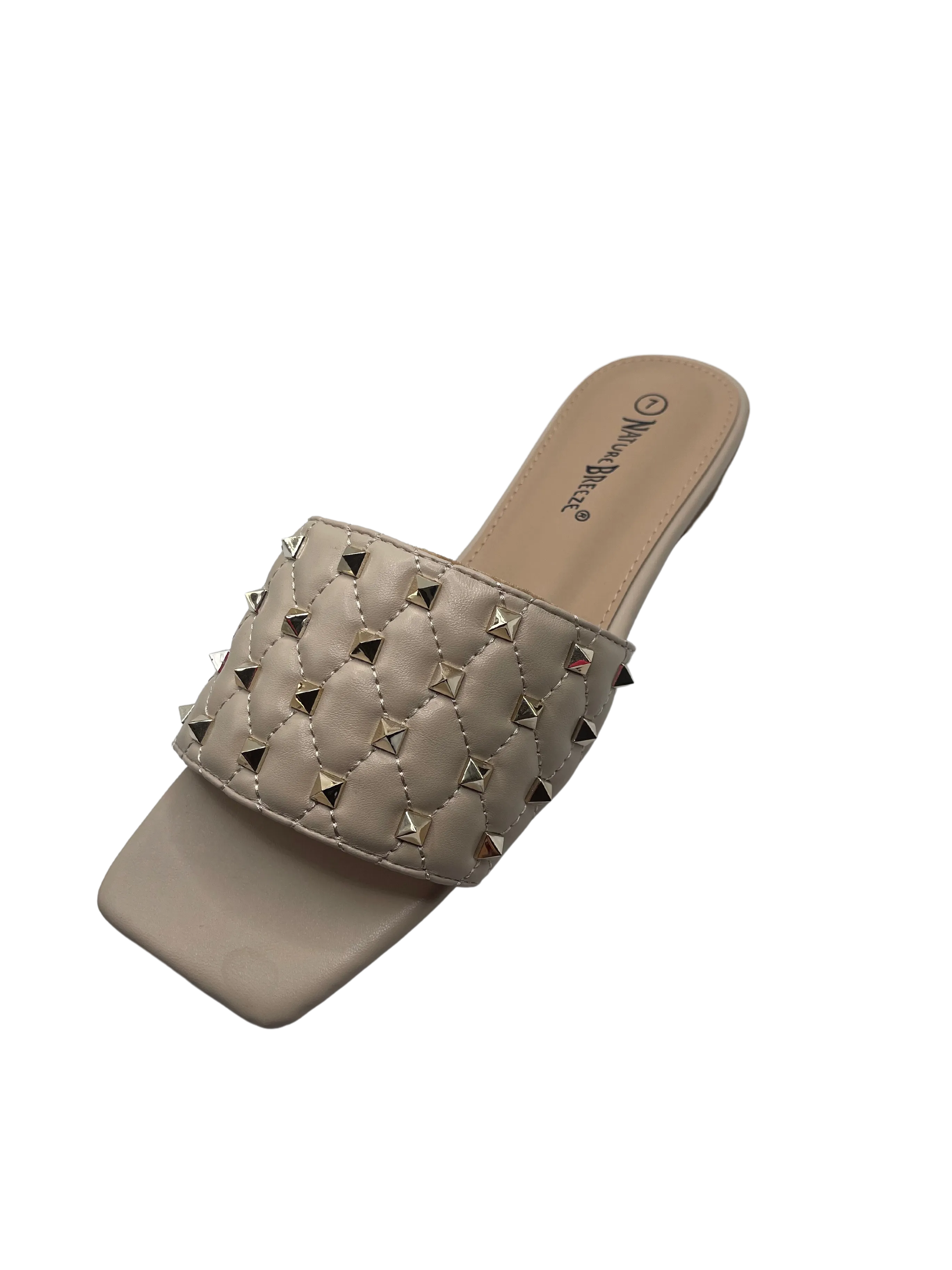 QUILTED SQUARE TOE GOLD STUDS SANDALS