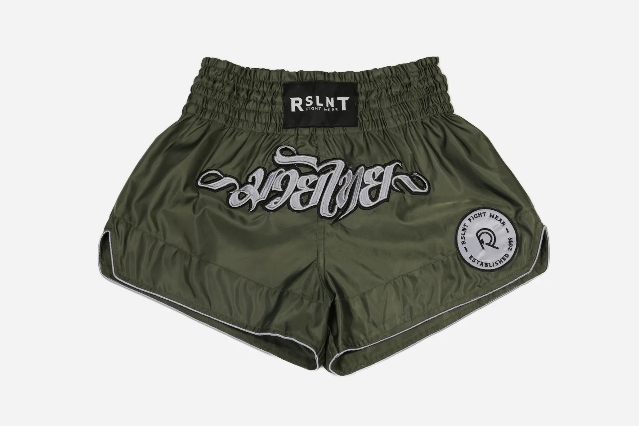 "Omega 2.0" Nylon Muay Thai Shorts (Olive / Silver)
