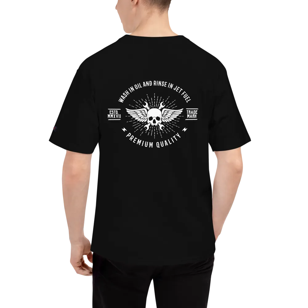"Wash in Oil Rinse in Jet Fuel" Champion Tee