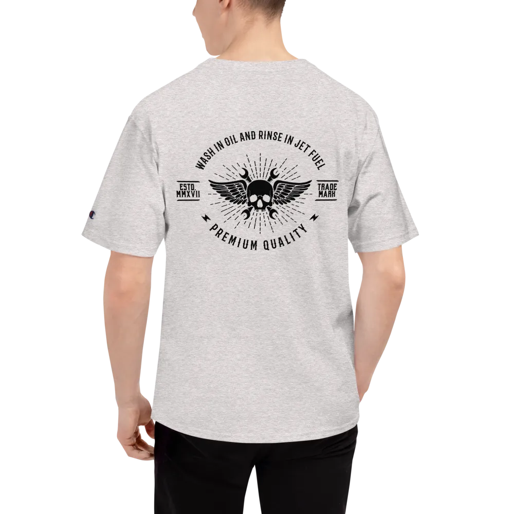 "Wash in Oil Rinse in Jet Fuel" Champion Tee