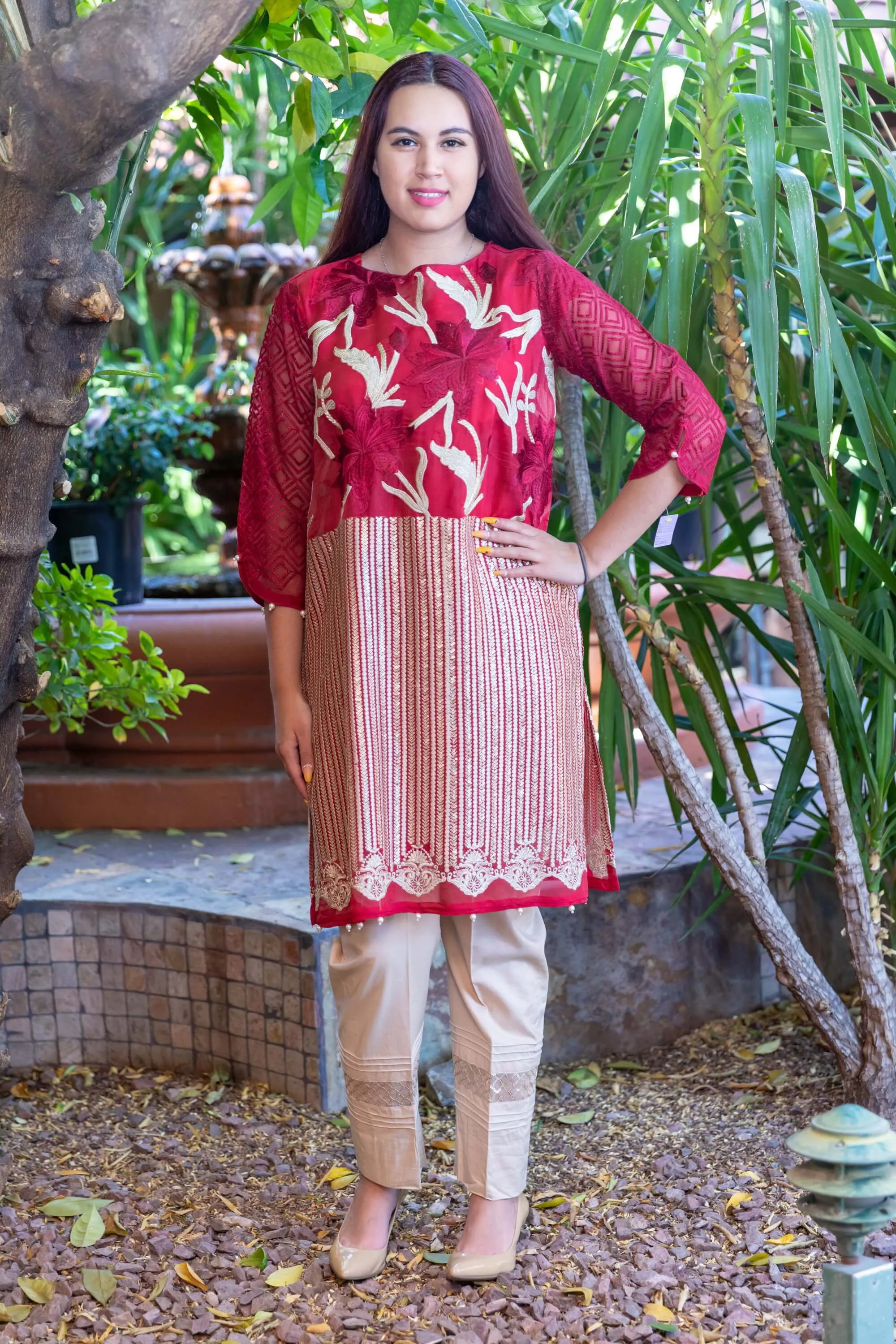 Red Agha Noor Organza Shirt