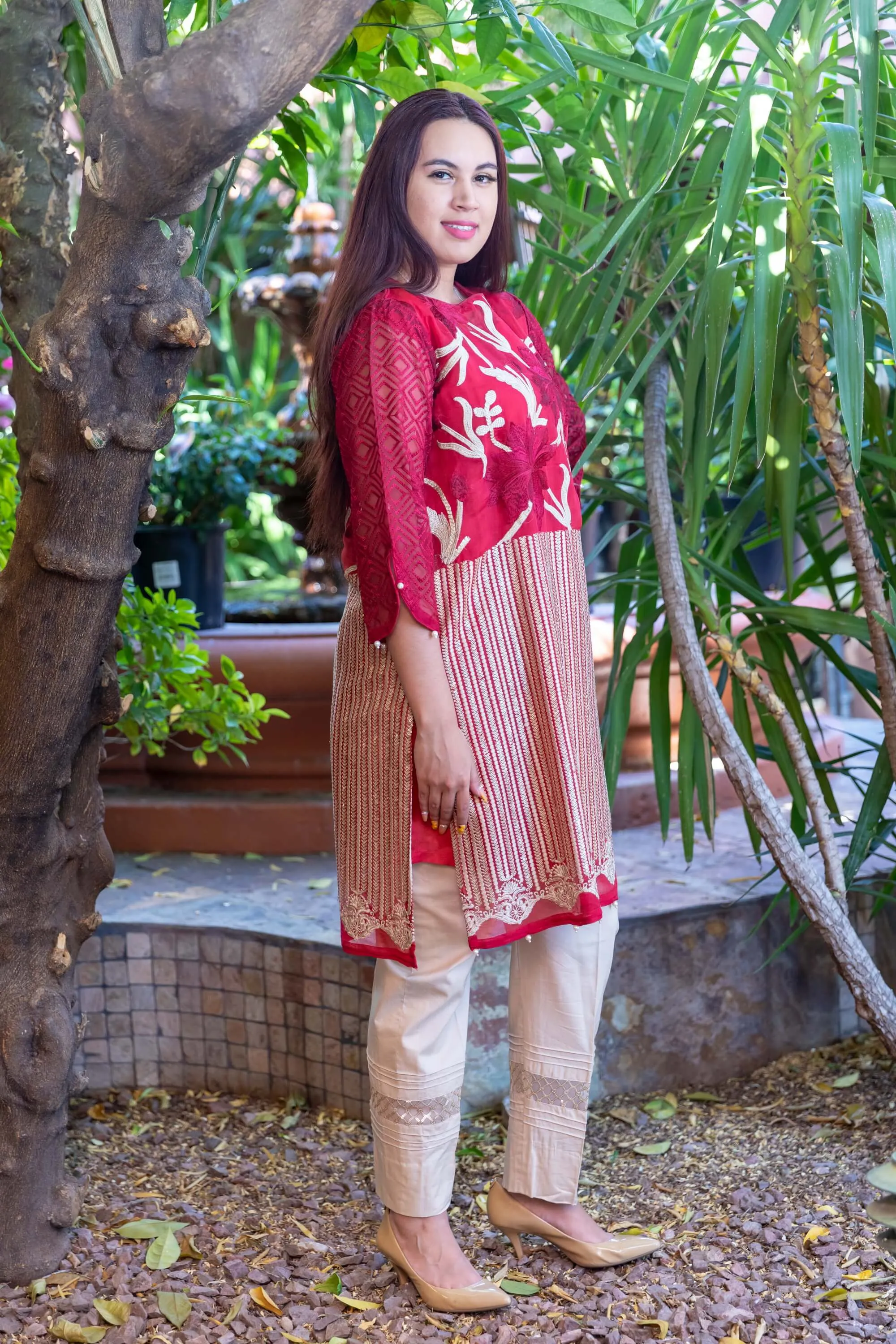Red Agha Noor Organza Shirt