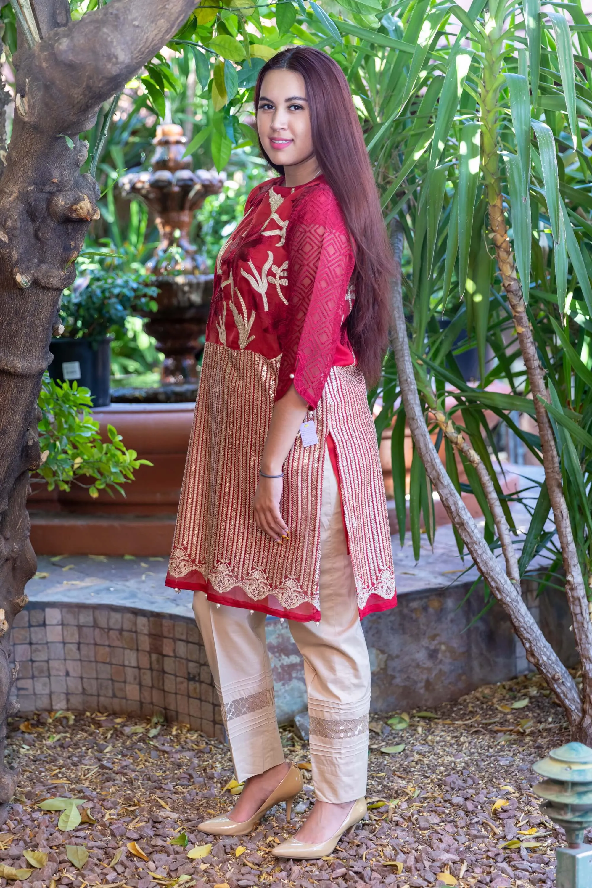 Red Agha Noor Organza Shirt