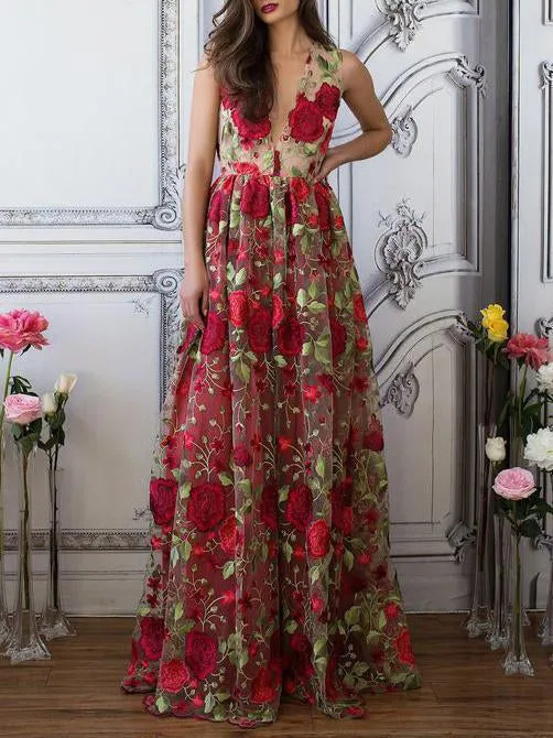 Red Floral Embroidery See Through Long Elegant Formal Prom Dress OKG89